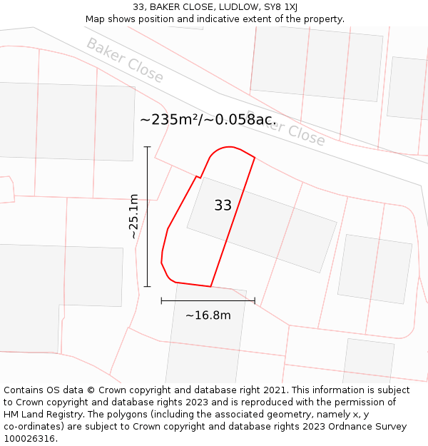 33, BAKER CLOSE, LUDLOW, SY8 1XJ: Plot and title map