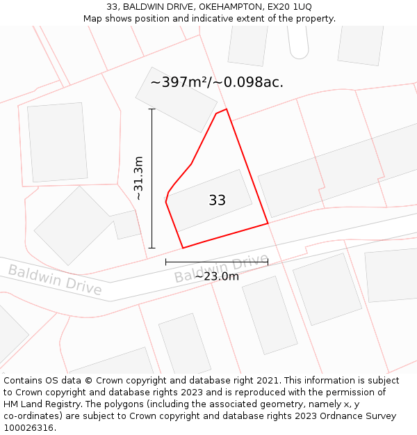 33, BALDWIN DRIVE, OKEHAMPTON, EX20 1UQ: Plot and title map
