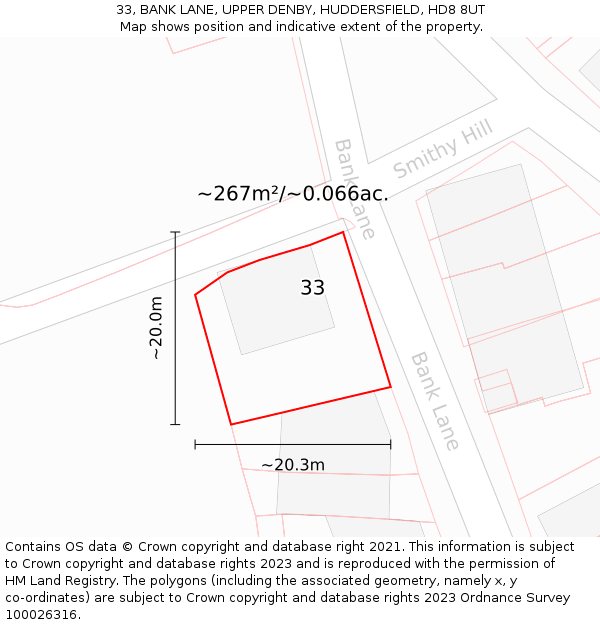 33, BANK LANE, UPPER DENBY, HUDDERSFIELD, HD8 8UT: Plot and title map