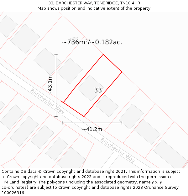 33, BARCHESTER WAY, TONBRIDGE, TN10 4HR: Plot and title map