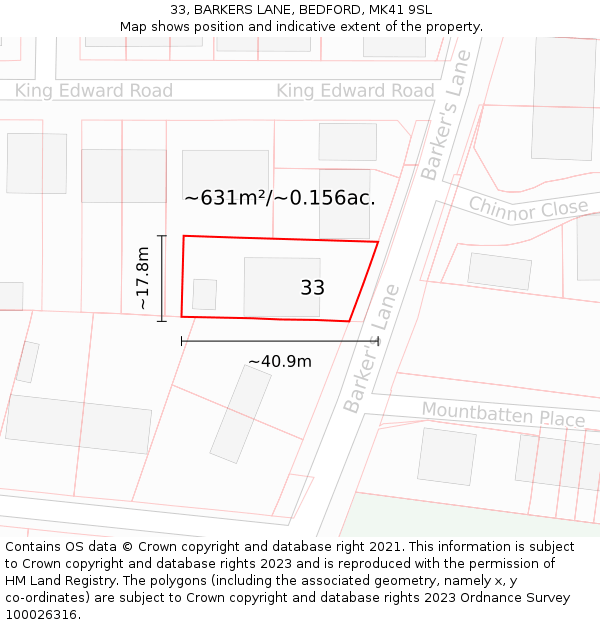 33, BARKERS LANE, BEDFORD, MK41 9SL: Plot and title map