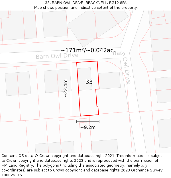 33, BARN OWL DRIVE, BRACKNELL, RG12 8FA: Plot and title map