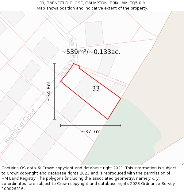 33, BARNFIELD CLOSE, GALMPTON, BRIXHAM, TQ5 0LY: Plot and title map