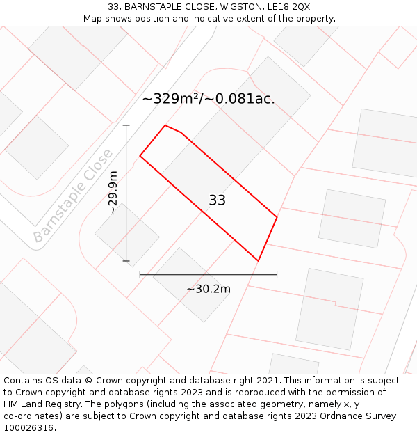33, BARNSTAPLE CLOSE, WIGSTON, LE18 2QX: Plot and title map