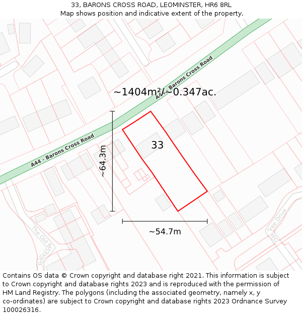 33, BARONS CROSS ROAD, LEOMINSTER, HR6 8RL: Plot and title map