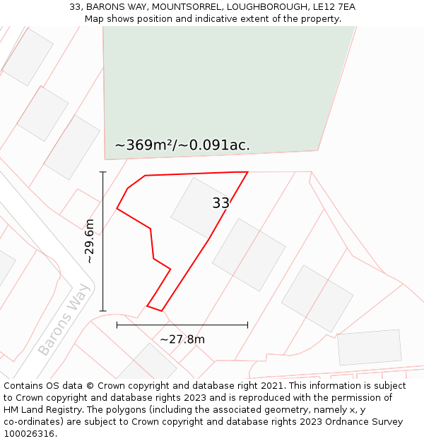 33, BARONS WAY, MOUNTSORREL, LOUGHBOROUGH, LE12 7EA: Plot and title map