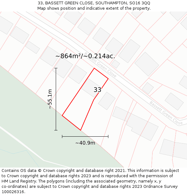 33, BASSETT GREEN CLOSE, SOUTHAMPTON, SO16 3QQ: Plot and title map