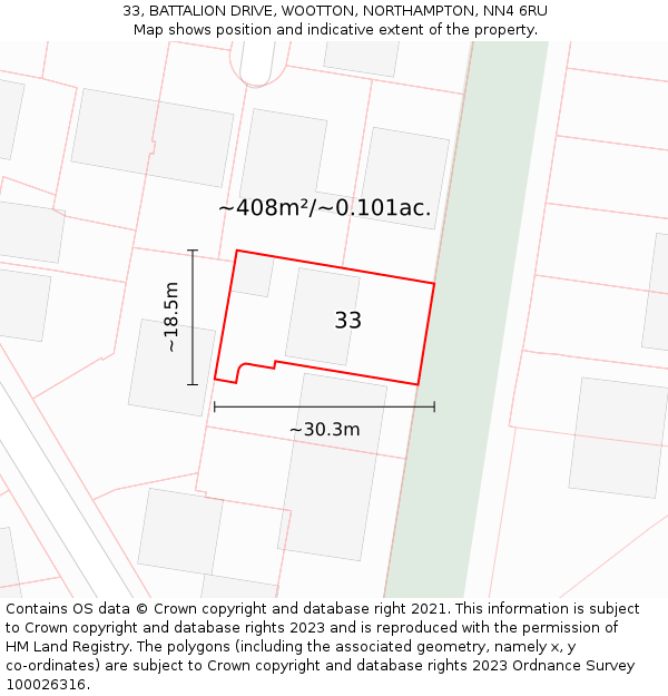 33, BATTALION DRIVE, WOOTTON, NORTHAMPTON, NN4 6RU: Plot and title map