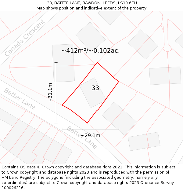 33, BATTER LANE, RAWDON, LEEDS, LS19 6EU: Plot and title map