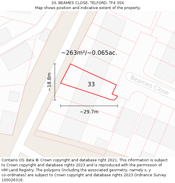33, BEAMES CLOSE, TELFORD, TF4 3SX: Plot and title map