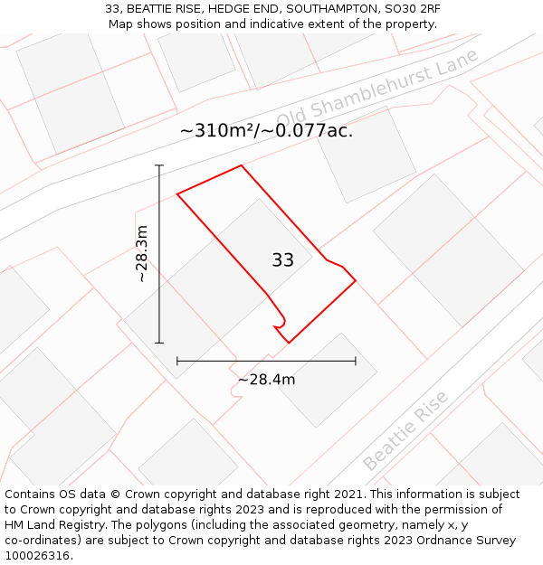 33, BEATTIE RISE, HEDGE END, SOUTHAMPTON, SO30 2RF: Plot and title map