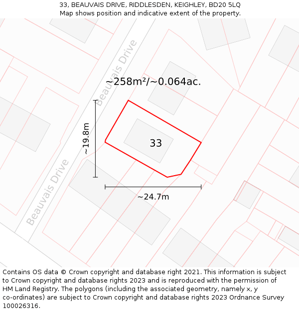 33, BEAUVAIS DRIVE, RIDDLESDEN, KEIGHLEY, BD20 5LQ: Plot and title map