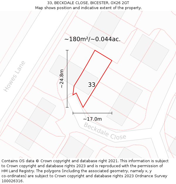33, BECKDALE CLOSE, BICESTER, OX26 2GT: Plot and title map