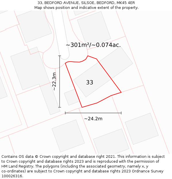 33, BEDFORD AVENUE, SILSOE, BEDFORD, MK45 4ER: Plot and title map