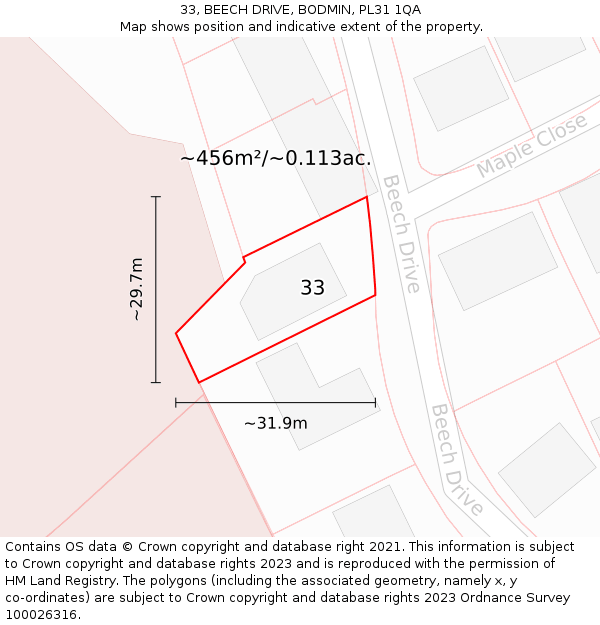 33, BEECH DRIVE, BODMIN, PL31 1QA: Plot and title map
