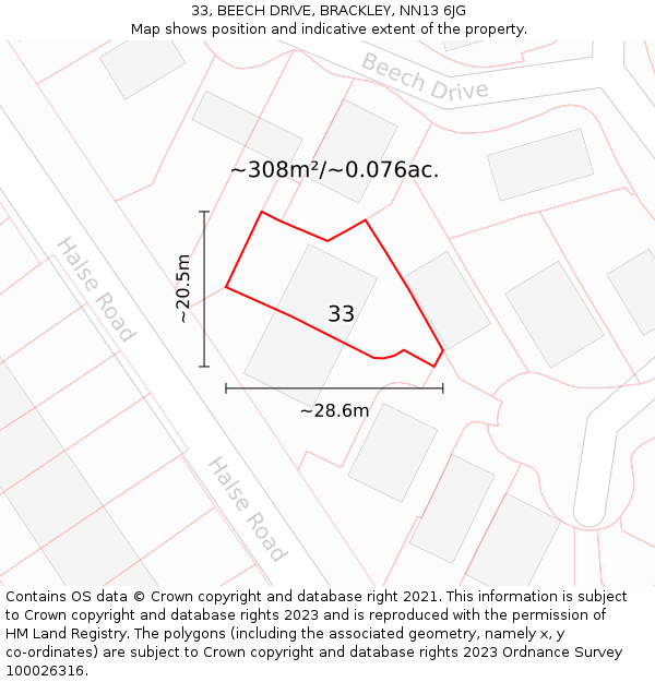 33, BEECH DRIVE, BRACKLEY, NN13 6JG: Plot and title map