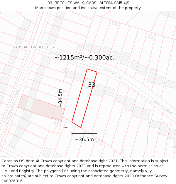 33, BEECHES WALK, CARSHALTON, SM5 4JS: Plot and title map