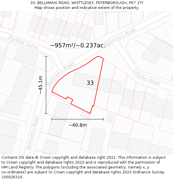 33, BELLMANS ROAD, WHITTLESEY, PETERBOROUGH, PE7 1TY: Plot and title map