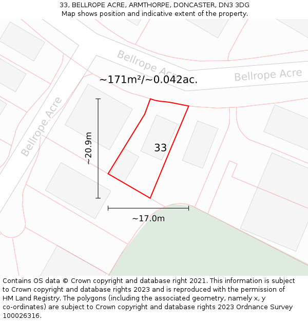 33, BELLROPE ACRE, ARMTHORPE, DONCASTER, DN3 3DG: Plot and title map