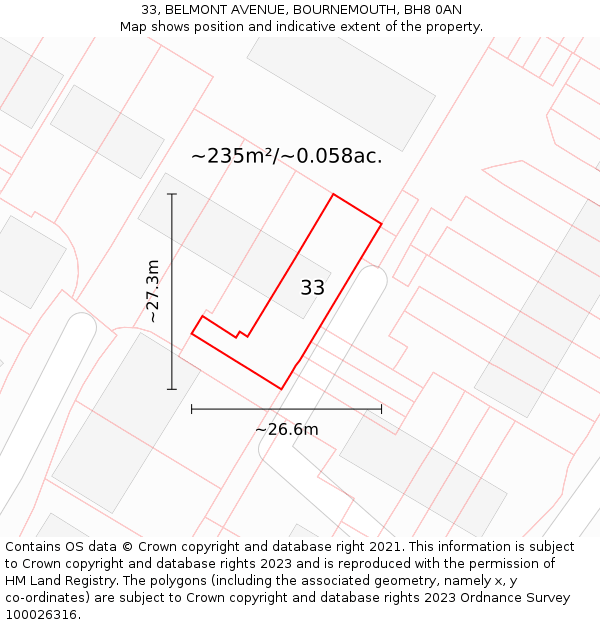 33, BELMONT AVENUE, BOURNEMOUTH, BH8 0AN: Plot and title map
