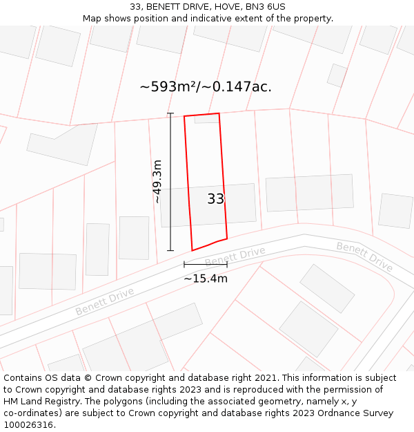 33, BENETT DRIVE, HOVE, BN3 6US: Plot and title map