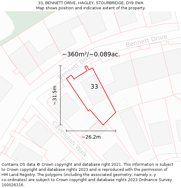 33, BENNETT DRIVE, HAGLEY, STOURBRIDGE, DY9 0WA: Plot and title map