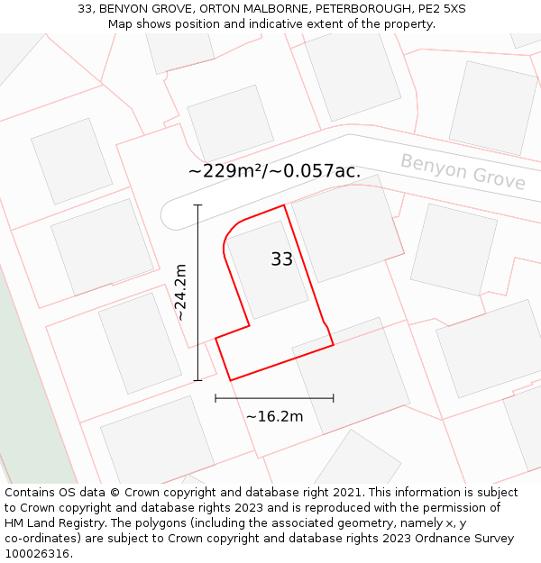 33, BENYON GROVE, ORTON MALBORNE, PETERBOROUGH, PE2 5XS: Plot and title map
