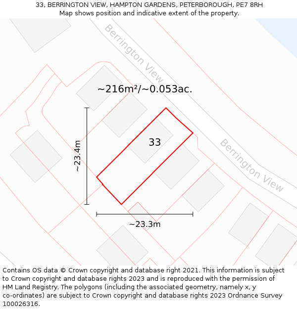 33, BERRINGTON VIEW, HAMPTON GARDENS, PETERBOROUGH, PE7 8RH: Plot and title map