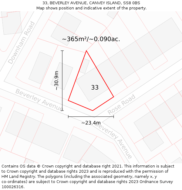 33, BEVERLEY AVENUE, CANVEY ISLAND, SS8 0BS: Plot and title map