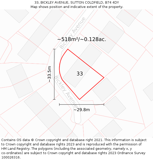 33, BICKLEY AVENUE, SUTTON COLDFIELD, B74 4DY: Plot and title map