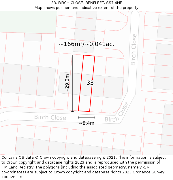 33, BIRCH CLOSE, BENFLEET, SS7 4NE: Plot and title map