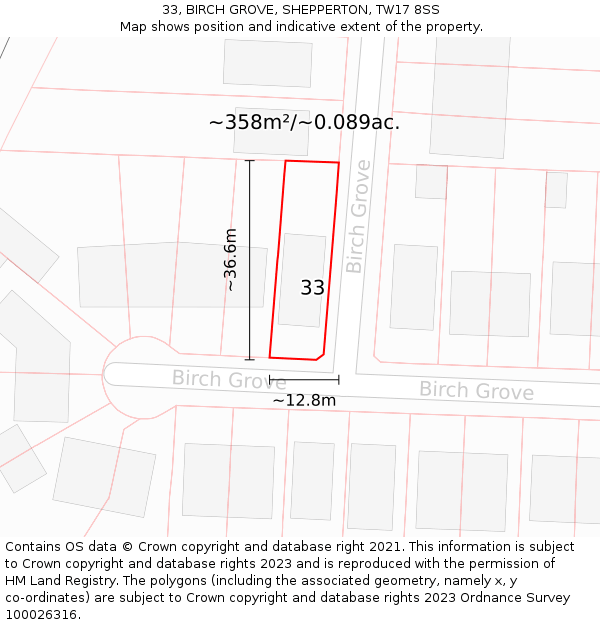 33, BIRCH GROVE, SHEPPERTON, TW17 8SS: Plot and title map