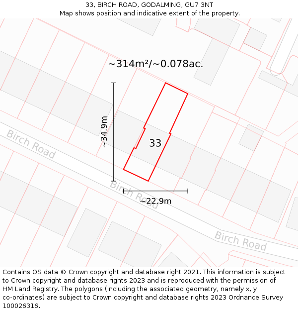 33, BIRCH ROAD, GODALMING, GU7 3NT: Plot and title map