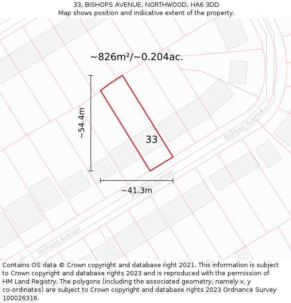 33, BISHOPS AVENUE, NORTHWOOD, HA6 3DD: Plot and title map