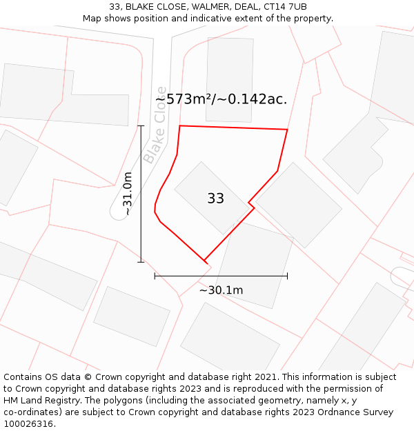 33, BLAKE CLOSE, WALMER, DEAL, CT14 7UB: Plot and title map