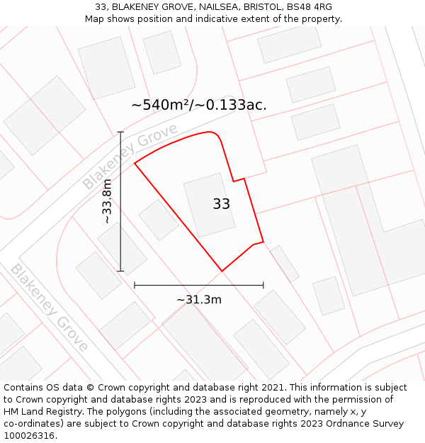 33, BLAKENEY GROVE, NAILSEA, BRISTOL, BS48 4RG: Plot and title map