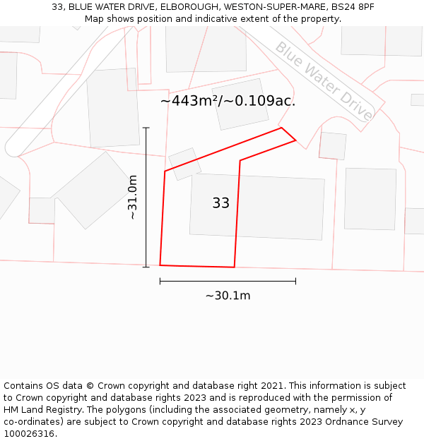 33, BLUE WATER DRIVE, ELBOROUGH, WESTON-SUPER-MARE, BS24 8PF: Plot and title map