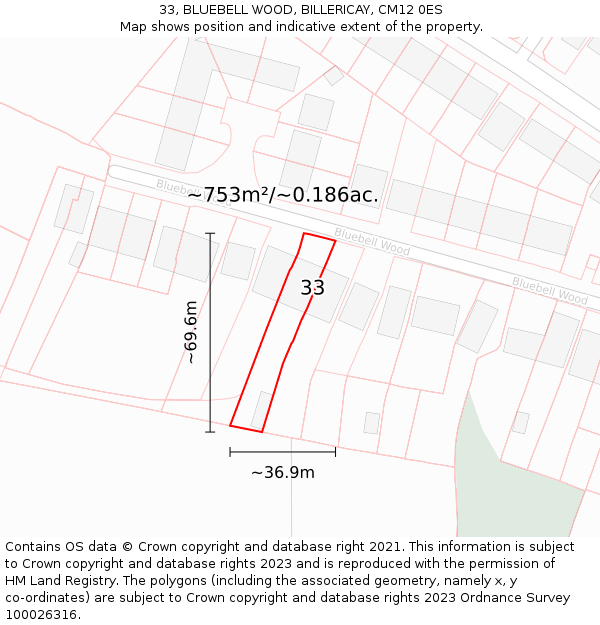 33, BLUEBELL WOOD, BILLERICAY, CM12 0ES: Plot and title map