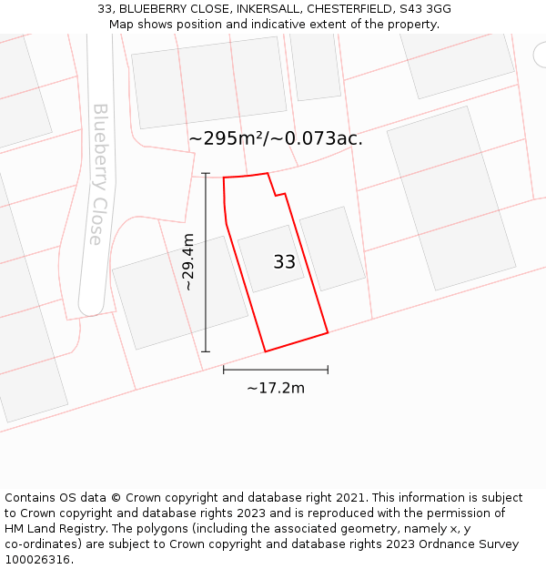 33, BLUEBERRY CLOSE, INKERSALL, CHESTERFIELD, S43 3GG: Plot and title map