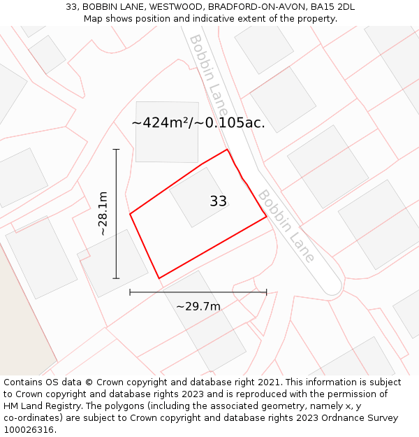 33, BOBBIN LANE, WESTWOOD, BRADFORD-ON-AVON, BA15 2DL: Plot and title map