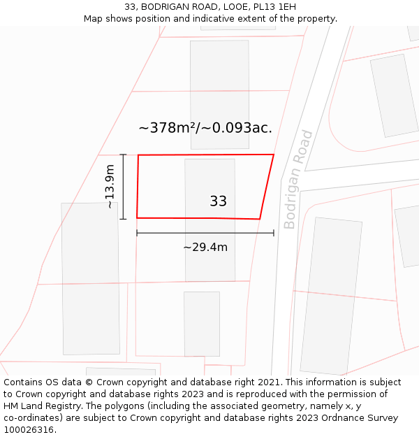 33, BODRIGAN ROAD, LOOE, PL13 1EH: Plot and title map