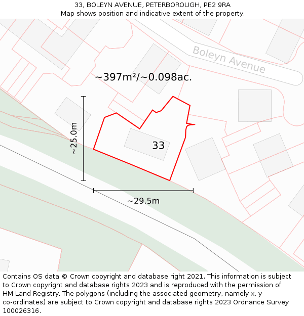 33, BOLEYN AVENUE, PETERBOROUGH, PE2 9RA: Plot and title map