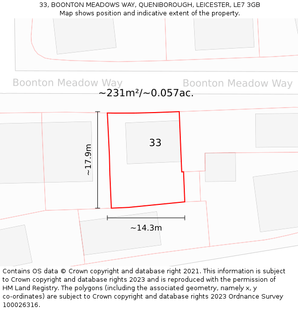 33, BOONTON MEADOWS WAY, QUENIBOROUGH, LEICESTER, LE7 3GB: Plot and title map