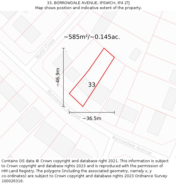 33, BORROWDALE AVENUE, IPSWICH, IP4 2TJ: Plot and title map
