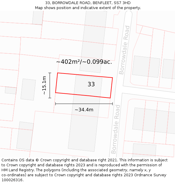 33, BORROWDALE ROAD, BENFLEET, SS7 3HD: Plot and title map