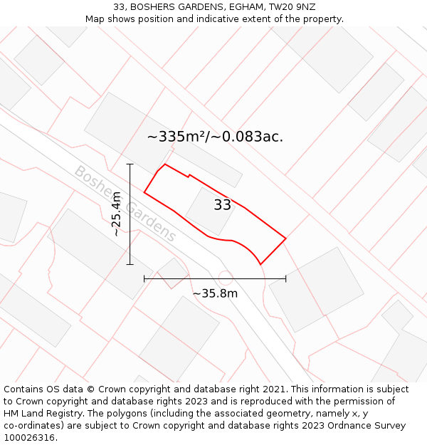 33, BOSHERS GARDENS, EGHAM, TW20 9NZ: Plot and title map