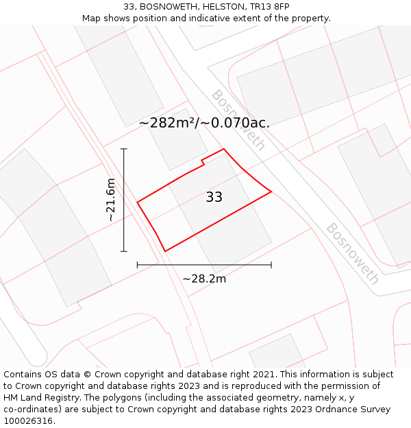 33, BOSNOWETH, HELSTON, TR13 8FP: Plot and title map