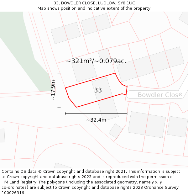 33, BOWDLER CLOSE, LUDLOW, SY8 1UG: Plot and title map