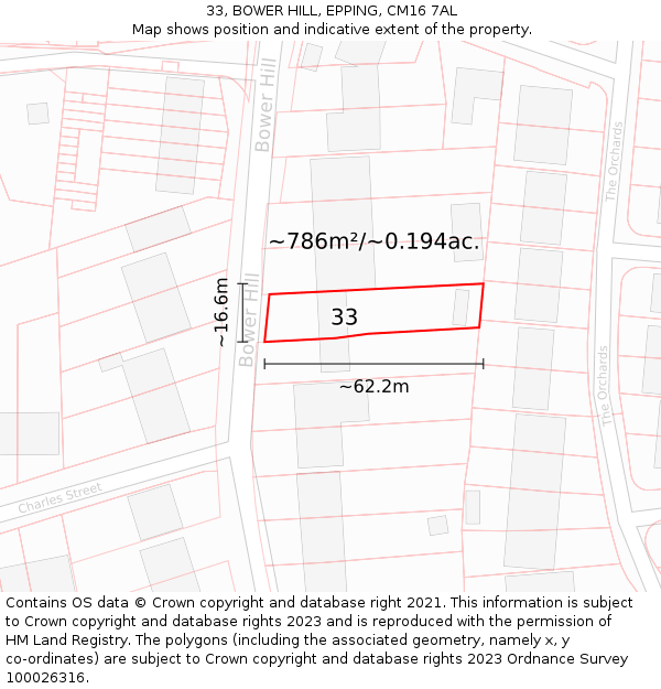 33, BOWER HILL, EPPING, CM16 7AL: Plot and title map