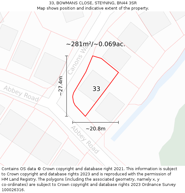 33, BOWMANS CLOSE, STEYNING, BN44 3SR: Plot and title map